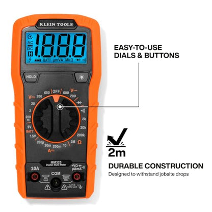 Klein Tools 80196 Digital Multimeter Kit with Case, Manual-Ranging 600V AC/DC Voltage Tester, Tests Batteries, Current, Resistance, Diodes, and Continuity, Protective Carrying Case - size: Manual-Ranging w/Case