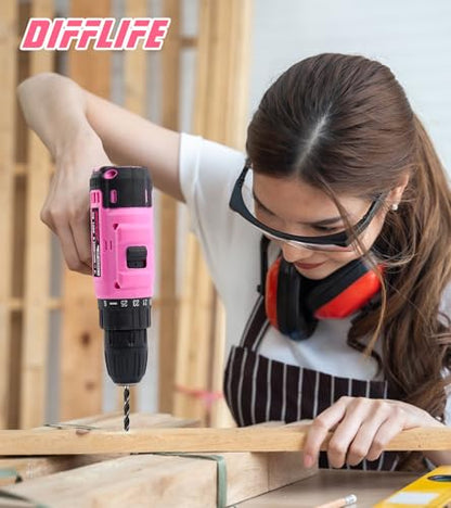 147 Piece Pink Power Drill Drivers Tool Set with 12V Cordless Drill, Professional Household Home Tools Kit Set, DIY Pink Electric Drill Cordless Hand Tool Box for Women - style: 147 Piece Pink