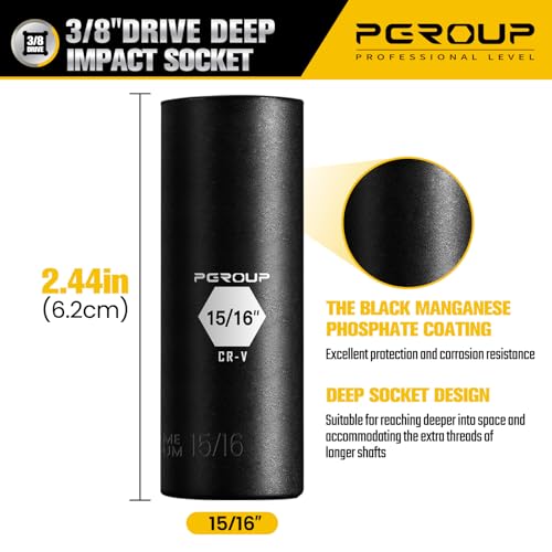 3/8” Drive Deep Impact Socket, SAE(15/16 Inch socket), 6-Point, Cr-V Steel With Black Manganese Phosphate Coating - size: 15/16-inch