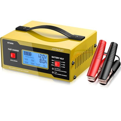 AUTOUTLET Upgraded 6/8/12/14/16/24V Battery Charger Automotive Smart Car Battery Charger and Trickle Maintainer 0-14A Fully Automatic with Cable Clamps for Lead-Acid Batteries(NOT Lithium Battery)