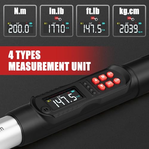 VANPO 1/2 Drive Digital Angle Torque Wrench 7.4-147.5 Ft.lb, ±2% Accuracy | 10-200 Nm Electronic Torque Wrench, Buzzer LED Vibration Alarm, Perfect Tools for Tire Lug Nuts & Car Engine Repair - size: 7.4-147.5 ft.lb/10-200 N.m (1/2-Inch)