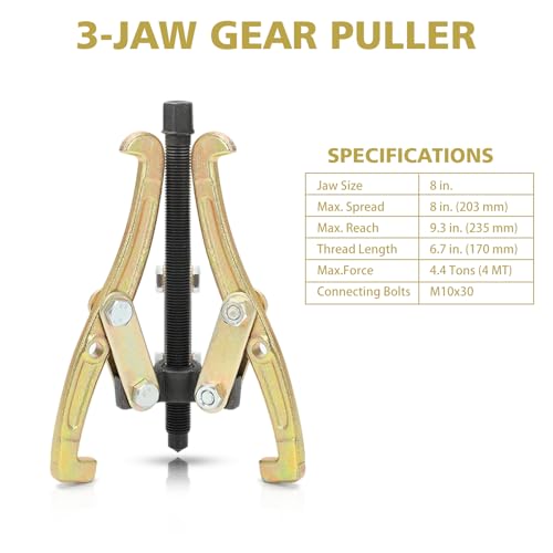 MOFEEZ 8" 3 Jaw Gear Bearing Puller Removal Tool for Slide Gears, Pulley, and Flywheel（Gold）