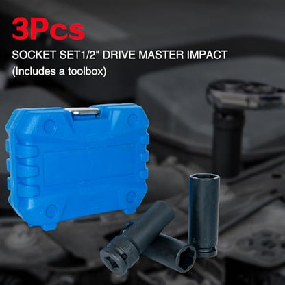 Impact Socket Set 1/2 Drive,Metric 17-19-21mm Hexagon Deep Socket Set. | CR-MO Steel Material,High Torque,Drive Impact Socket Set for Repair Mechanic Garage，The storage box contains 3 -Piece