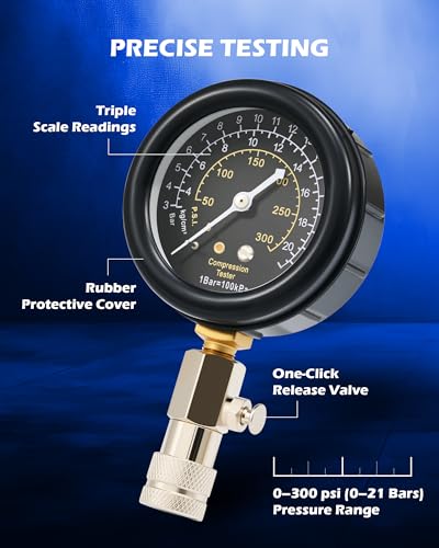 OMT 8pc Petrol Engine Cylinder Pressure Test Kit with 300 PSI Dual Gauge | Strong Metal Adapters; Anti Scratch Glass Cover; Flexible Hose; Auto Mechanic Diagnostics; Fits Cars Trucks And Motorcycles