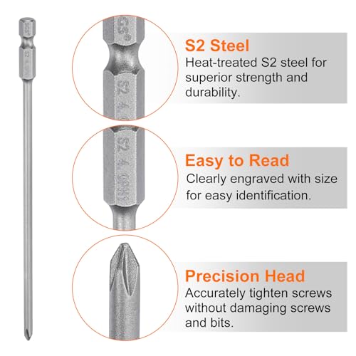HARFINGTON 5pcs #1 Phillips Screwdriver Bit PH1 1/4" Hex Shank 6" (150mm) Long Magnetic S2 Steel Industrial Grade Screw Driver Bit Cross Head Electric Drill Bits 0.157" (4mm) Rod - size: PH1 x 150mm x 4mm