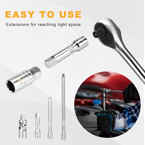 AEROFORCE 12PCS 3/8" Drive Spark Plug Socket Set with Ratchet Handle, Universal Joint, Extension Bar & Spark Plug Gapper, Fits 9/16", 5/8", 3/4", 13/16", 14mm, 18mm, CR-V Steel with Rubber Holder Ring - size: 12PCS