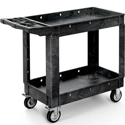 YITAHOME Black Utility Cart on Wheels, 550 lbs Capacity, 40 x 17 Inch | Rolling Work Carts with Wheels, 2 Shelf Heavy Duty Plastic Service Cart Suitable for Warehouse, Garage, School & Office