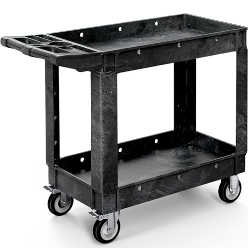YITAHOME Black Utility Cart on Wheels, 550 lbs Capacity, 40 x 17 Inch | Rolling Work Carts with Wheels, 2 Shelf Heavy Duty Plastic Service Cart Suitable for Warehouse, Garage, School & Office