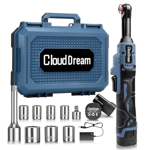 CloudDream Cordless Electric Ratchet Wrench,3/8" 16V Power Ratchet Tool,40 Ft-lbs Max Torque with 2x 2.0 Ah Batteries, Fast Charger, 7 Sockets, 1/4" Adapter & 3" Extension Bar for Auto Repair