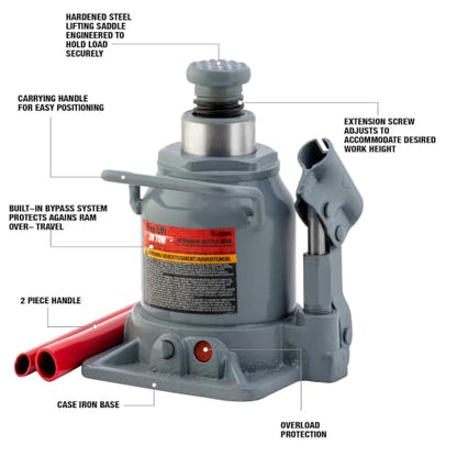 Pro-Lift B-S20D Grey Hydraulic Bottle Jack - 20 Ton Capacity