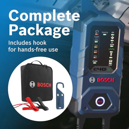 BOSCH C40-Li: 5A 6V/12V Next-Gen Battery Charger for Lead-Acid & Lithium | Including AGM, EFB, Gel & SLI - Smart Maintenance & Trickle Functionality with Advanced Safety Features