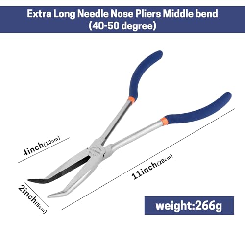 11'' Extra Long Needle Nose Pliers for Narrow and Limited Spaces | 45-Degree Angled Nose, Long Reach Design, CRV Steel, Comfortable Grip, for Mechanics, Electricians, DIYers and Homeowners - style: 11'' 45 Degree Angle