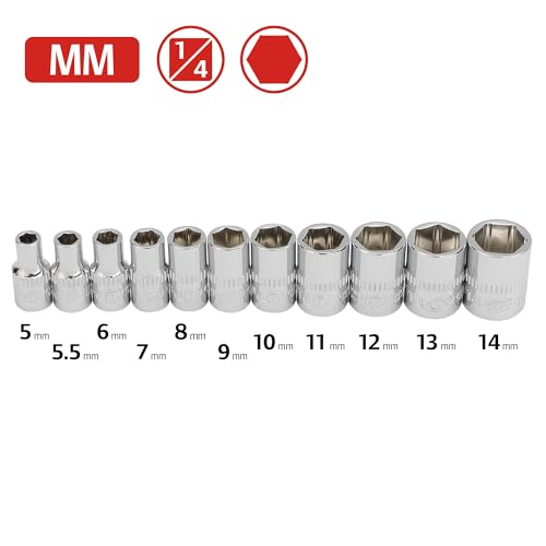Ingersoll Rand 11-Piece 1/4-Inch Drive Shallow Socket Set, Metric 6-Point (5–14mm), Chrome Vanadium Steel, Mirror-Polish Finish, with Thermoform Organizer Tray – 752043X - size: 1/4 in. Drive Shallow Socket Set, style: Metric