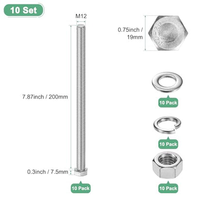M METERXITY 10-Pack Hex Head Screw Bolt with Nuts Flat & Lock Washers M12x200mm Stainless Steel Bolts and Nuts Kit Fully Threaded Metric Bolt Assortment for Equipment/Machinery - size: M12x200mm