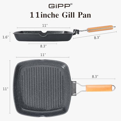 GiPP Nonstick Grill Pan with Folding Handle,Square Grill Skillet, Grilling Pan with Pour Spouts, Versatile Griddle Steak Pan for All Stove,PFOA Free,11 Inch - size: 11"*11"