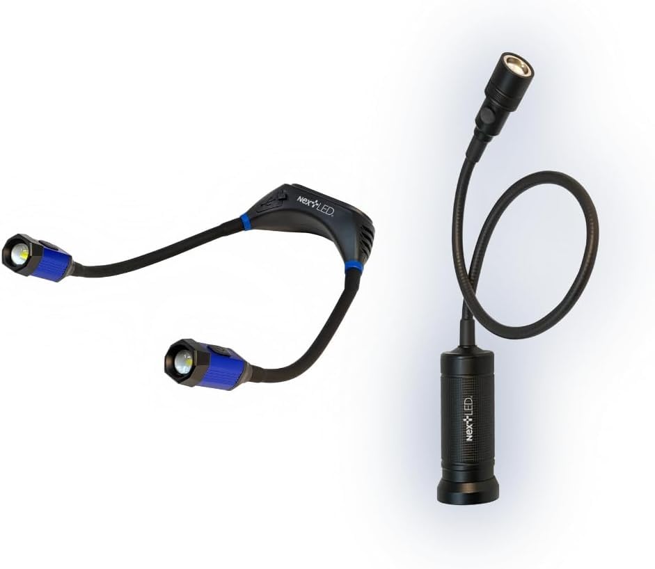 NextLED Hands-Free Work Light Combo: NT-6633 Rechargeable LED Neck Light & Flexible Shaft Magnetic LED Flashlight and Pickup Tool
