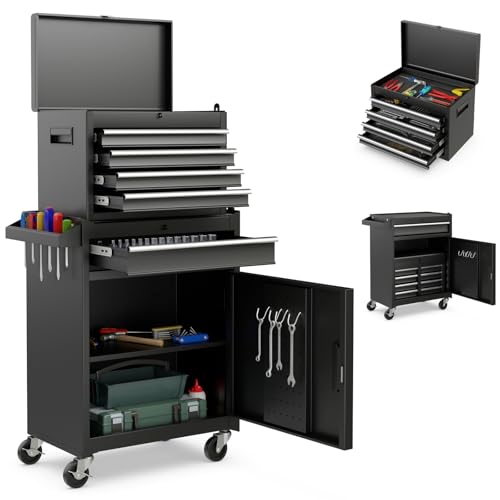 Goplus Tool Chest, 5 Drawers Rolling Tool Cabinet with Detachable Top Toolbox, Universal Lockable Wheels, Lock Bar, Protective Liner & Tool Rack, Metal Tool Storage Cart, Tool Box for Garage Workshop - color: Black, style: 5-Drawers