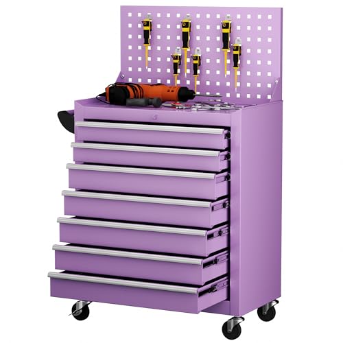 Superday Rolling Tool Chest, 7 Drawer Portable Tool Chest with Wheels, Tool Storage Cabinet with Lock for Garage, Steel Tool Cart with Pegboard & Hooks for Workshop, Warehouse (Purple) - color: Purple, size: 7 Drawer