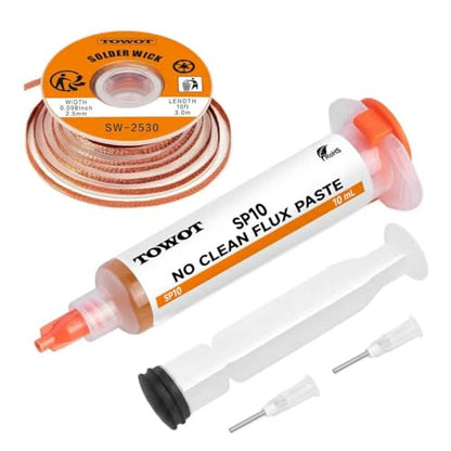 TOWOT 10ft Solder Wick Braid & No-Clean Soldering Flux Paste (10cc) - Desoldering Kit for Electronics Repair, PCB, Circuit Board Rework - style: 10ft+10cc