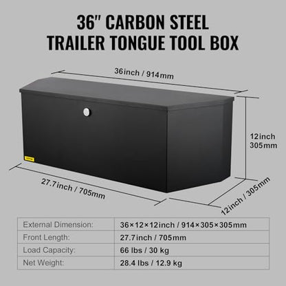 VEVOR Trailer Tongue Box, Heavy Duty Trailer Tongue Tool Box Storage Organizer with Lock & Keys, Utility Tool Chest for Pickup Truck Bed, RV, SUV, Off-Road Vehicle, Steel, 36" x 12" x 12" - size: 36" Black, style: Steel