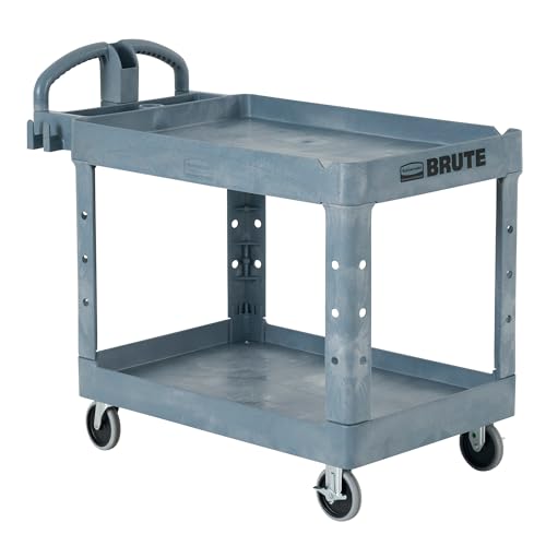 Rubbermaid Commercial Products BRUTE Heavy Duty 2-Shelf Utility/Service Cart, Medium, Lipped Shelves, Ergonomic Handle, 500 lbs. Capacity, Gray, for Warehouse/Garage/Cleaning/Maintenance/Stadiums - color: Gray, size: Medium, style: 2-Shelf