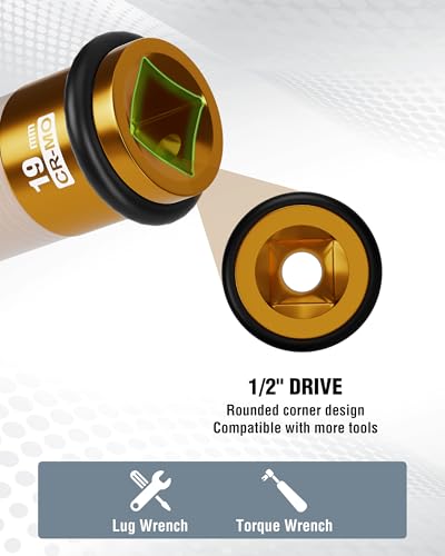 WORKPRO 1/2" Drive Lug Nut Impact Duty Socket, 19mm Deep Thin Wall Socket, Made of Premium Cr-Mo Steel, Non-Marring Lug Nut Wheel Sockets for Car - size: 1/2" DR x 19mm