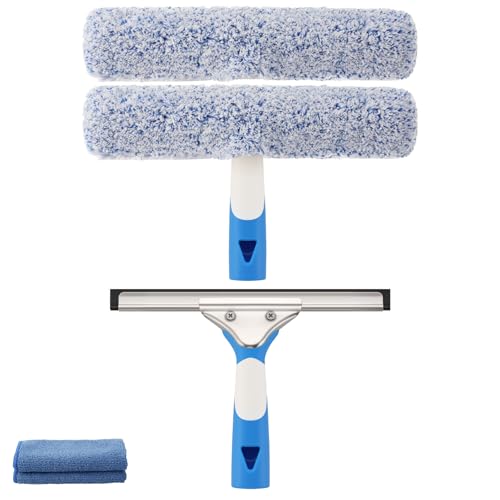 Mitclear Professional Window Cleaning Kit 10IN, Windows Cleaner Tool with Silicone Squeegee, Microfiber Scrubber & Cloth, Window Washing Equipment or Home Shower Glass Doors Car Windshield - size: 10 IN