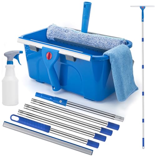 Window Cleaning Kit for Home and Commercial Use, 6 Ft Long Handle Professional Glasses Cleaner Squeegee with 3 Gallon Bucket and Spray Bottle and Scrubber, Car Windshield Washing Tool