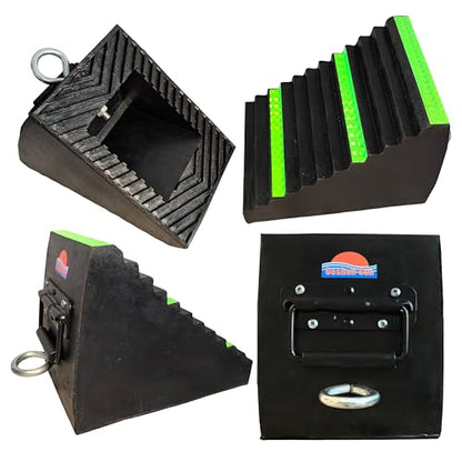 Heavy Duty 13 lb Rubber Wheel Chock with Spring Handle & Iron Ring, 3 Fluorescent Green Reflective Strips, Triangular Non-Slip for Trucks, RVs, Aircraft (Green 1 Pc) | Constructed from superior EPDM rubber, outperforming standard or recycled rubber. - col