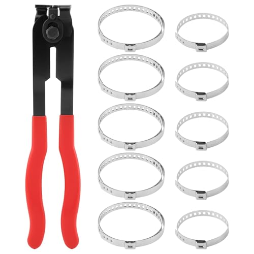 CV Boot Clamp Plier with 10PCS Stainless Steel Boot Clamps, Small and Large Stainless Steel Universal Adjustable Drive Shaft CV Crimp Clamp Collar Pliers for Most Cars