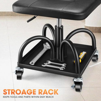 DNA Motoring Rolling Padded Seat Adjustable Height Seat 330lbs Capacity Rolling Mechanic Creeper Stool, W/Tool Storage Drawer & Tray, Black, TOOLS-00600 - style: Square Tray Black