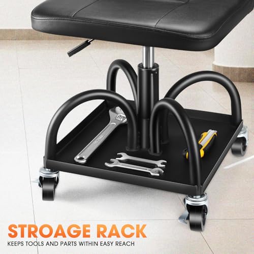 DNA Motoring Rolling Padded Seat Adjustable Height Seat 330lbs Capacity Rolling Mechanic Creeper Stool, W/Tool Storage Drawer & Tray, Black, TOOLS-00600 - style: Square Tray Black