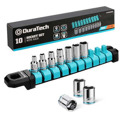 DURATECH 1/4" Drive Socket Set, Metric Socket Set 10PCS, Mechanic Metric Socket Sets with Storage Rack, 6-Point Shallow Socket Set, 4mm, 5mm, 6mm, 7mm, 8mm, 9mm, 10mm, 11mm, 12mm, 13mm - size: 1/4 inch