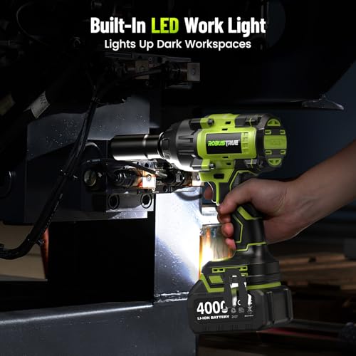 Robustrue 1400N.m (1032ft-lbs) Cordless Impact Wrench, 1/2" Brushless High Torque Impact Gun, 11Pcs Tire Repair Kit, 2x4000 mAh Batteries, Fast Charger, Impact Driver for Car Home/Truck RV/Mower - size: 1400N.m