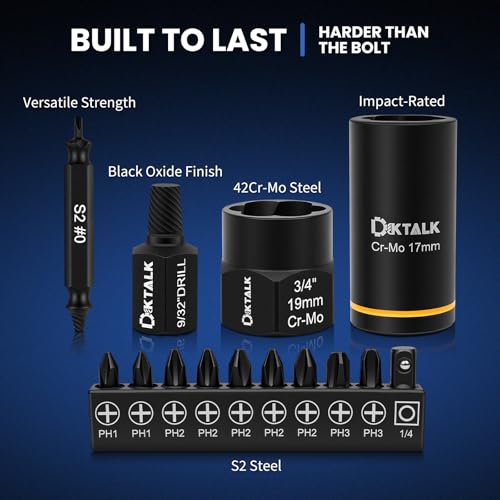 63PCS Impact Bolt Extractor Kit, Bolt & Nut Remover Tool, Easy Out Screw Extractor Set for Stripped/Damaged Screws, Bolts, Lug Nuts - Includes Screwdriver Bits & Adapters