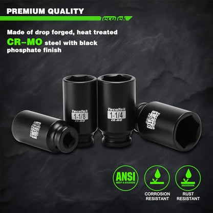 TecoTek 1/2" Drive Deep 6-Point Impact Socket Set, 8-Piece Standard SAE Spindle Axle Nut Impact Socket Set, Cr-Mo, 1-Inch to 1-1/2-Inch Size - size: 1-Inch to 1-1/2-Inch (8 pieces)