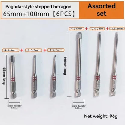 6-Piece All-in-One Pagoda Hex Scredriver Bit Set (Silvery) | Featuring magnetic hexagonal shanks and a unique pagoda-shaped internal hex design, 1.5–6mm