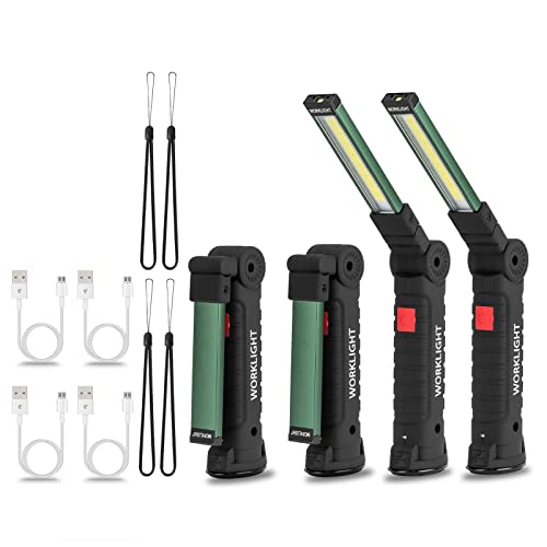 4 Pack LED Rechargeable Work Lights,Vagocom Flashlight Hand Tools Mens Dad Birthday Gift Magnetic Worklight,360°Rotate 5 Modes Portable Inspection Torch for Mechanics,Automotive,Camping,Emergency - color: Black Body + Green Alloy, size: 4 pack