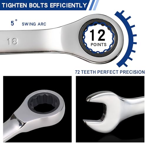Qnkaa 24pcs Ratcheting Wrench Set with Rollup Pouches Metric (8mm to 19mm) & SAE (1/4" to 7/8") Ratchet Combination Wrenches Set Wrench set Metric and Standard