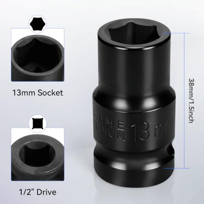 2PCS 13mm Impact Socket 1/2" Drive, 6 Point Metric Shallow Socket, CR-V Steel Heavy Duty Impact Wrench Socket for Automotive Repair - size: 13mm