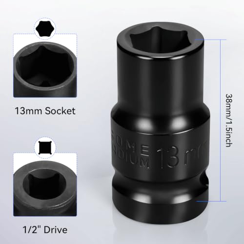 2PCS 13mm Impact Socket 1/2" Drive, 6 Point Metric Shallow Socket, CR-V Steel Heavy Duty Impact Wrench Socket for Automotive Repair - size: 13mm