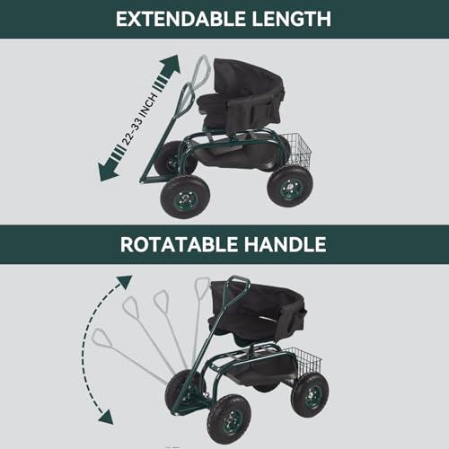 Kinfant Garden Seat with Ergonomic Backrest – Rolling Garden Stool with Height Adjustable & 360° Swivel Seat with Wheels, Gardening Cart Bench, Tool Storage, for Yard, Patio Green - color: With Backrest-green