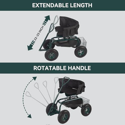 Kinfant Garden Seat with Ergonomic Backrest – Rolling Garden Stool with Height Adjustable & 360° Swivel Seat with Wheels, Gardening Cart Bench, Tool Storage, for Yard, Patio Green - color: With Backrest-green
