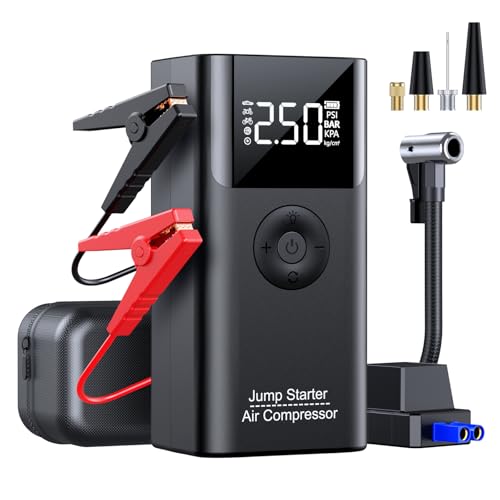 10-in-1 Jump Starter with Air Compressor, 3500A 150PSI Portable 12V Jump Box Car Battery (9 Gas/8 L Diesel), with Auto-Shutoff Tire Inflator, Power Bank, LED Lights, Large LCD Display