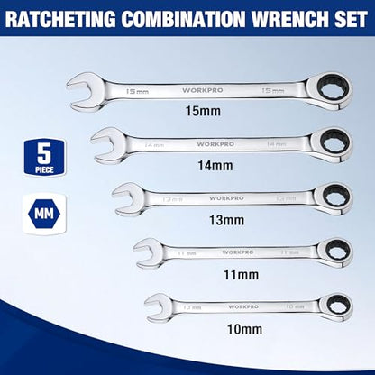 WORKPRO Ratcheting Wrench Set, Metric, 5-piece Ratcheting Combination Wrench Set, 10mm, 11mm, 13mm, 14mm, 15mm, 12-Point, CR-V Steel, with Organizer Rack - size: 5-piece, style: Metric