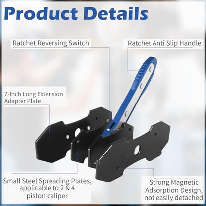 Brake Caliper Compression Tool for Disc Brake Repair | 360° Swing Ratchet, 2PCS Extra Large Steel Magnetic Plates for Sextuplet Pistons, Easy Car & Truck Brake Repair - color: Blue