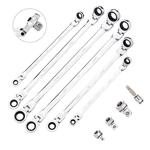 BULLTOOLS 6-Piece Flex-Head Extra Long Ratcheting Wrenches Double Box End Chrome Vanadium Steel 72-Tooth Wrench Set with Metric 8mm - 19mm - size: 8mm-19mm SET
