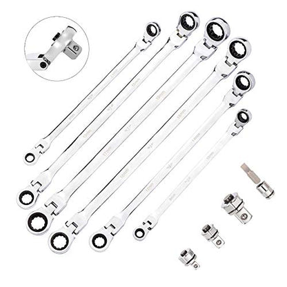 BULLTOOLS 6-Piece Flex-Head Extra Long Ratcheting Wrenches Double Box End Chrome Vanadium Steel 72-Tooth Wrench Set with Metric 8mm - 19mm - size: 8mm-19mm SET