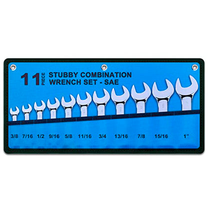 Premium Stubby Combination Wrench Set with Roll-up Pouch, 11-Piece, SAE, 3/8” to 1”, No Skipped Inch Size | Cr-V Steel, Mirror Polished Finish | Short Length and Slim Body, Perfect for Confined Areas - size: SAE Set