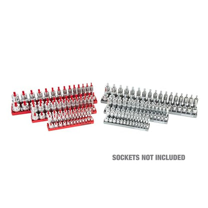OEMTOOLS 22413 6 Piece SAE and Metric Socket Tray Set, SAE and Metric Socket Storage for Sizes 1/4", 3/8”, and 1/2" Drive, Socket Holders and Socket Organizer Tray for Toolbox, Red/Grey | Optimize Toolbox Organization, Designed for Shallow and Deep Socket